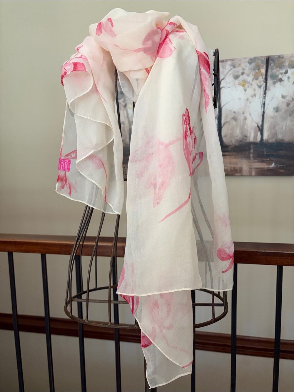 NWT Joules Clothing Great Britain Extra Large Sheer Cream Scarf/Wrap Tulip Motif